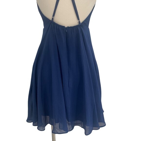 Navy Blue Chiffon Skater Dress Strappy Back Fit And Flare Flowy Cocktail Party - Picture 8 of 8